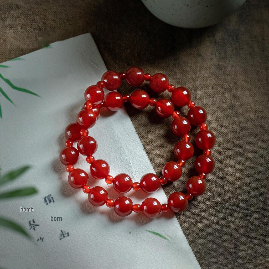 Xu Yan Style Rosy Red Agate Double-Wrap Bracelet, Skin-Brightening Cinnabar Hand String, Zodiac Gift