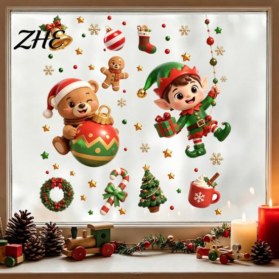 No Glue Window Decorations 2PCS Christmas Static Sticker, Cute Cartoon Elves And Bears Home Commercial Decor Print, PVC Glass Stickers for Holiday