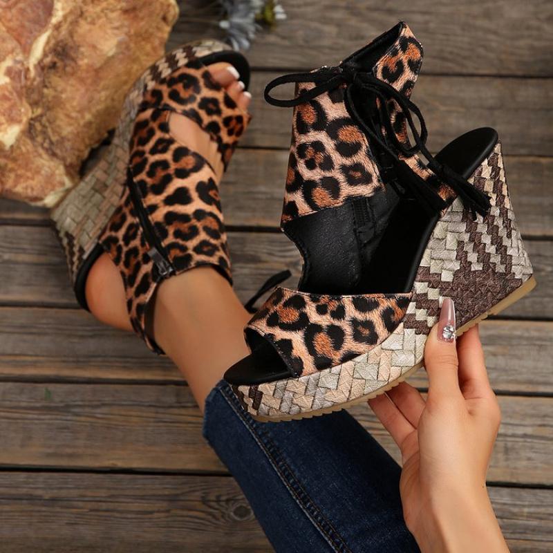 Women's Leopard Print Platform Wedge Sandals - Ultra-High Thick Heel with Golden-Tone Block Heel, Faux Cover Upper &, Zipper Closure