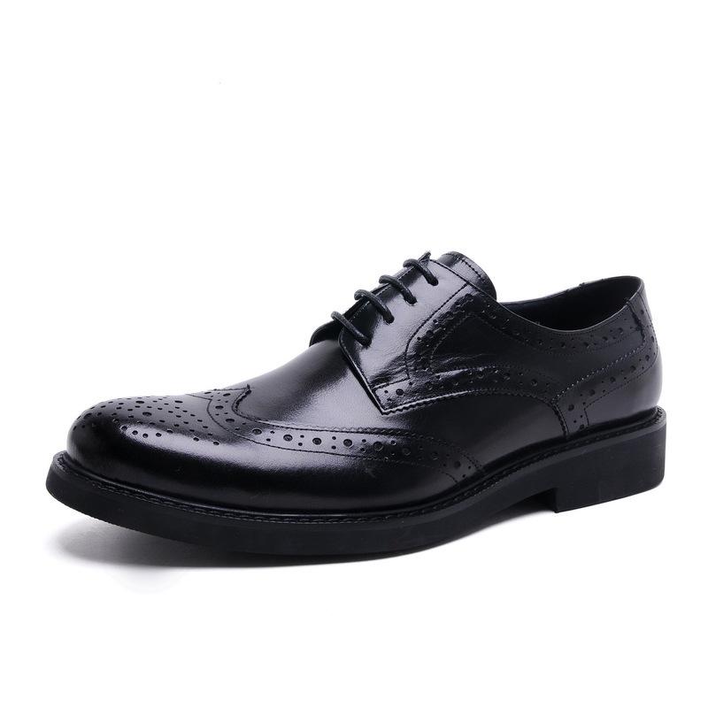 Men's Spring British Style Pointed Toe Cowhide Leather Lace-up Formal Shoes