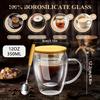 2pcs 12oz/15oz 350ml/450ml Double Wall Glass Coffee Mugs With Bamboo Lids And Spoons Glass Coffee Cups With Handle Insulated Clear Coffee Mug Perfect