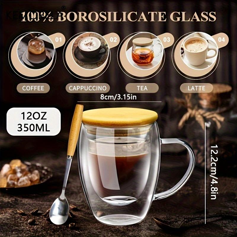 2pcs 12oz/15oz 350ml/450ml Double Wall Glass Coffee Mugs With Bamboo Lids And Spoons Glass Coffee Cups With Handle Insulated Clear Coffee Mug Perfect