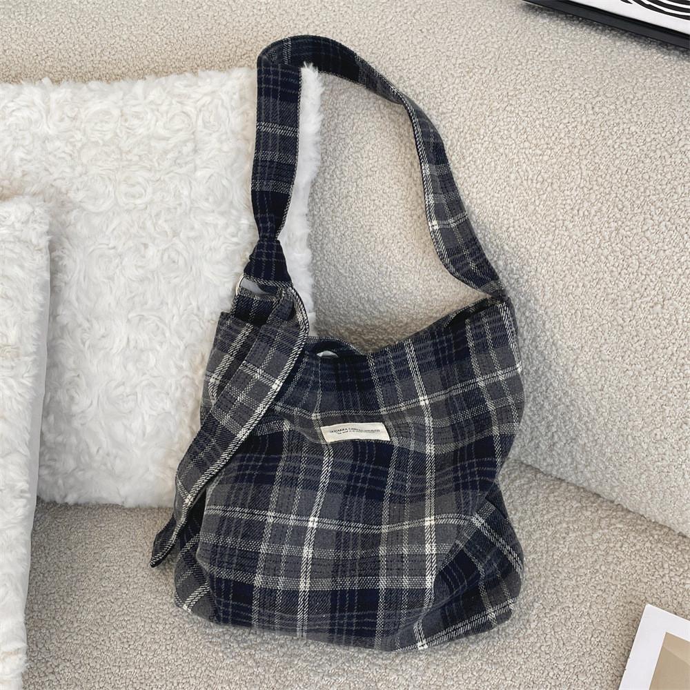 Trendy Checkered Wool And Canvas Shoulder Bag For Daily Casual Outfits