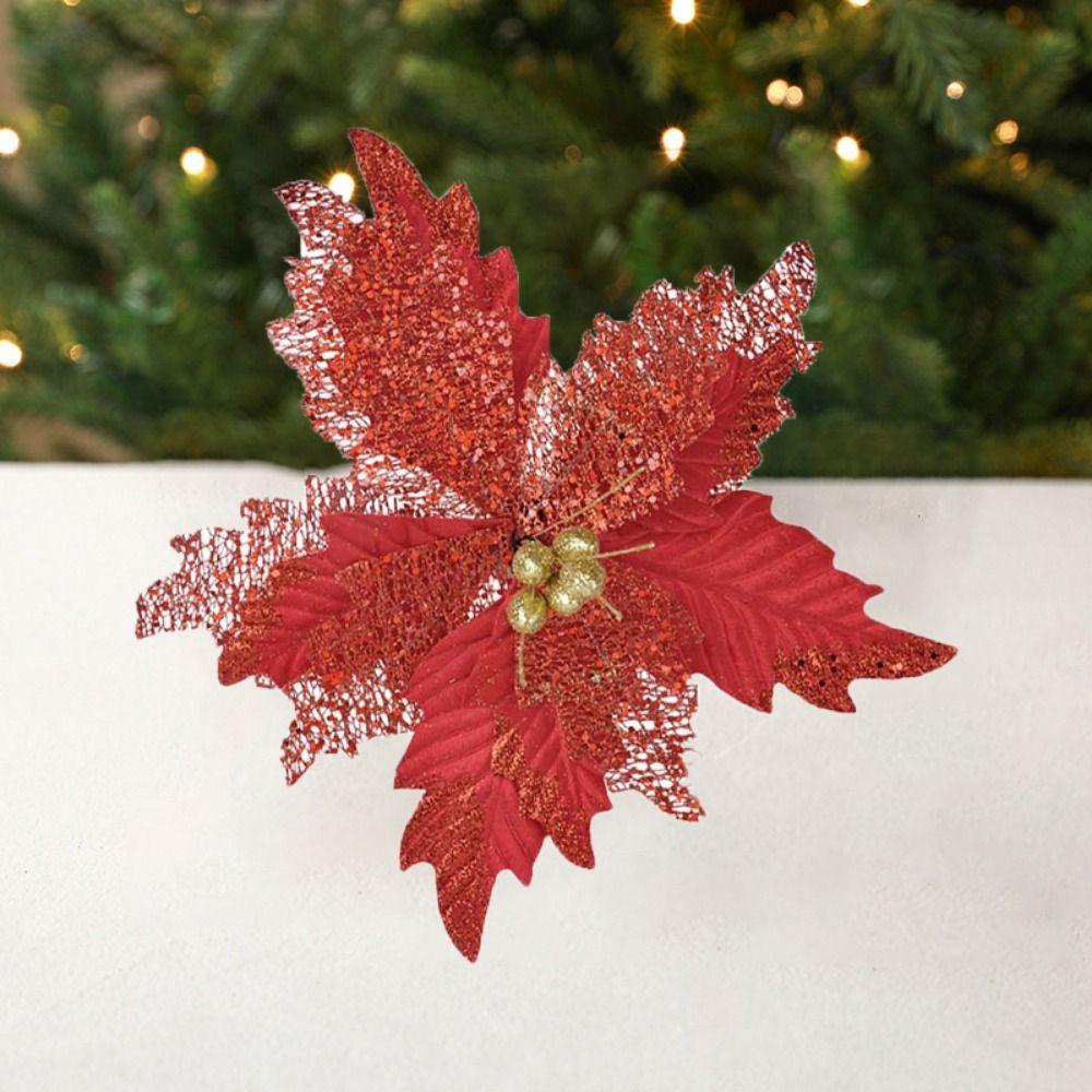 Handmade Artificial Christmas Flowers Shiny Xmas Tree Ornaments  Party Supplies