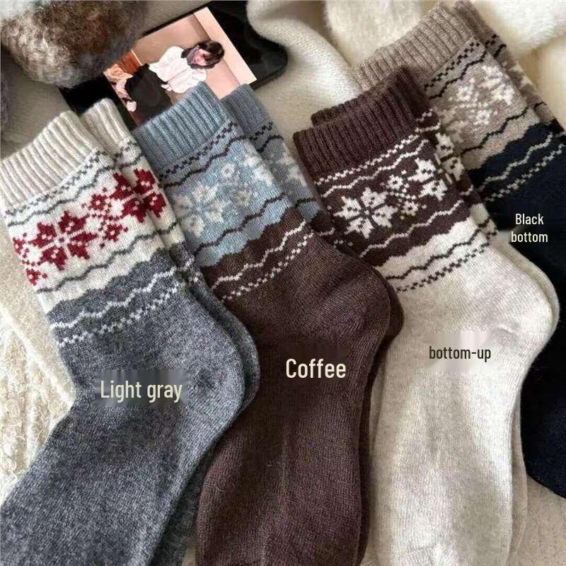 Women s Mid-Calf Nordic Snowflake Socks - Autumn Black, White, Gray College Style One Size