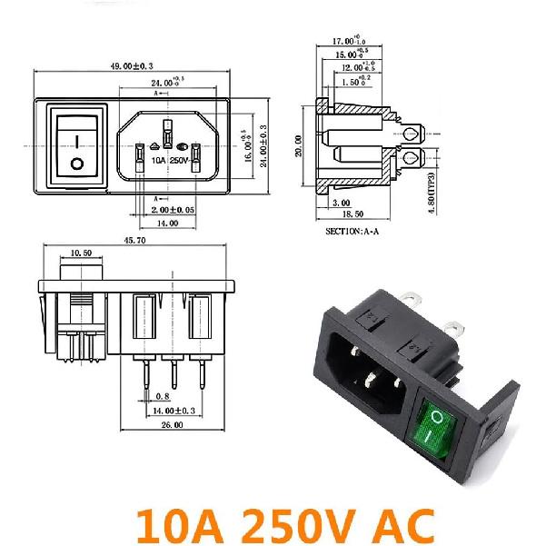 Oiyagai 5-Pack IEC320 C14 Power Inlet Module with Rocker Switch, 250V 10A Male Socket Plug, DPST Panel Mount Connector for DIY Power Supply Repair