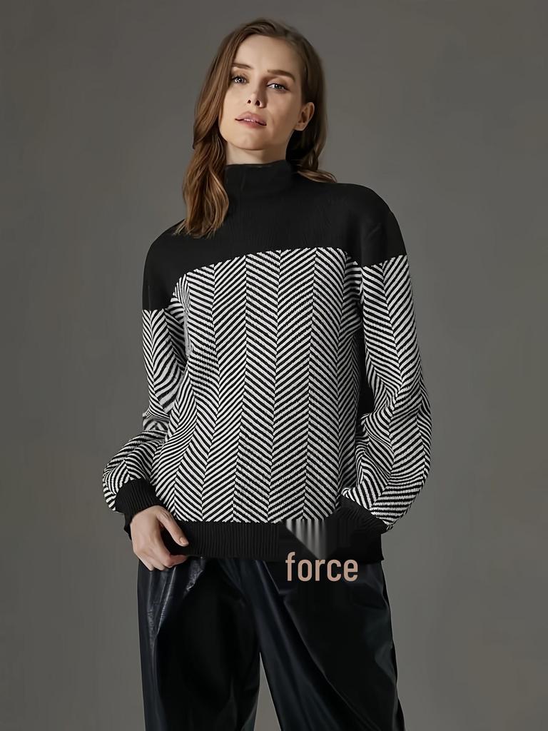 European Retro Color Block High Neck Knitwear Top