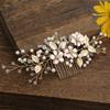 Europe and America Cross Border Special for Flower Golden Leaf Handmade Pearl Crystal Hair Comb Side Accessories