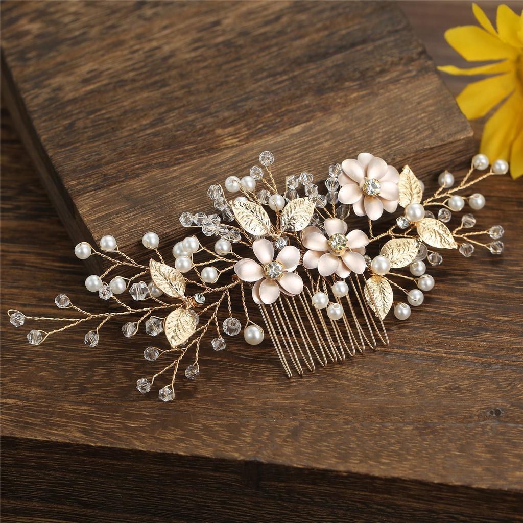 Europe and America Cross Border Special for Flower Golden Leaf Handmade Pearl Crystal Hair Comb Side Accessories