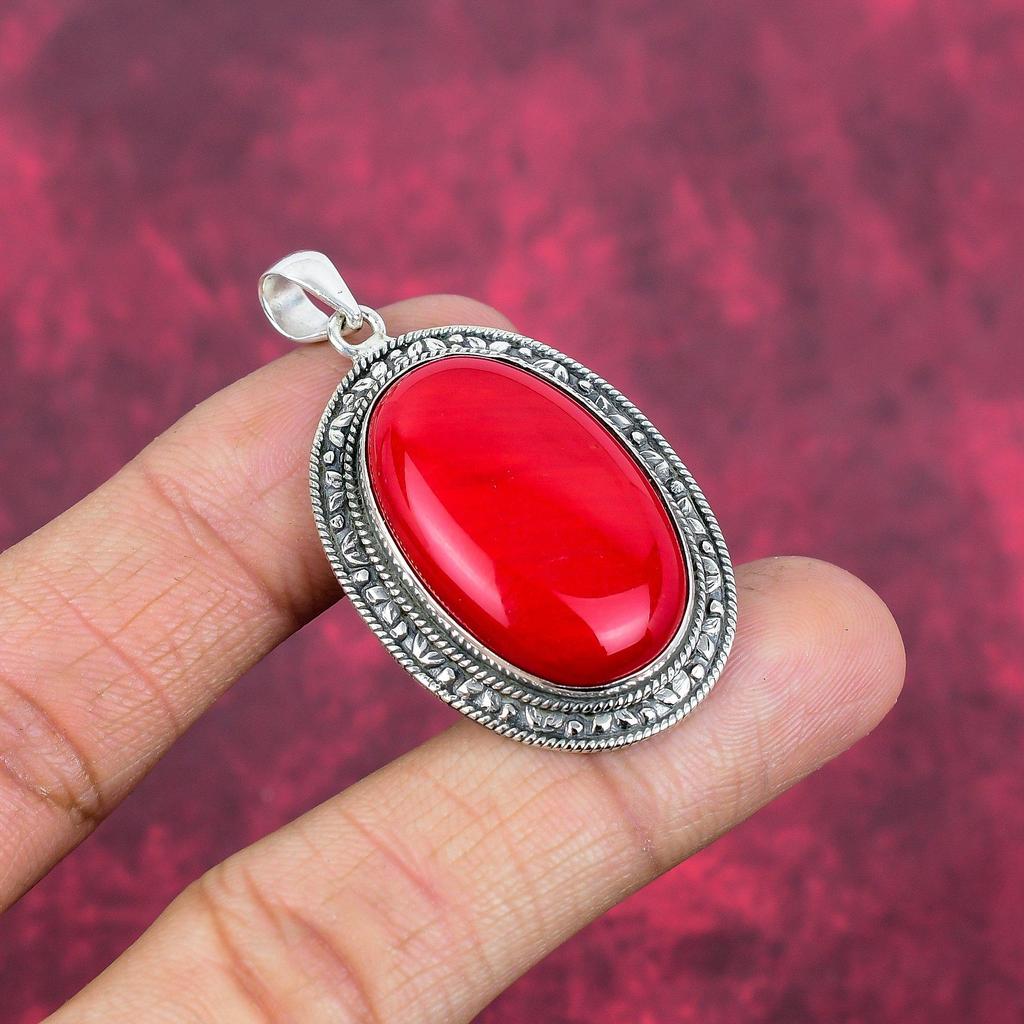 Red Coral Handmade Gemstone Pendant, 925 Solid Sterling Silver Pendant Antique Jewelry, For Engagement Gift