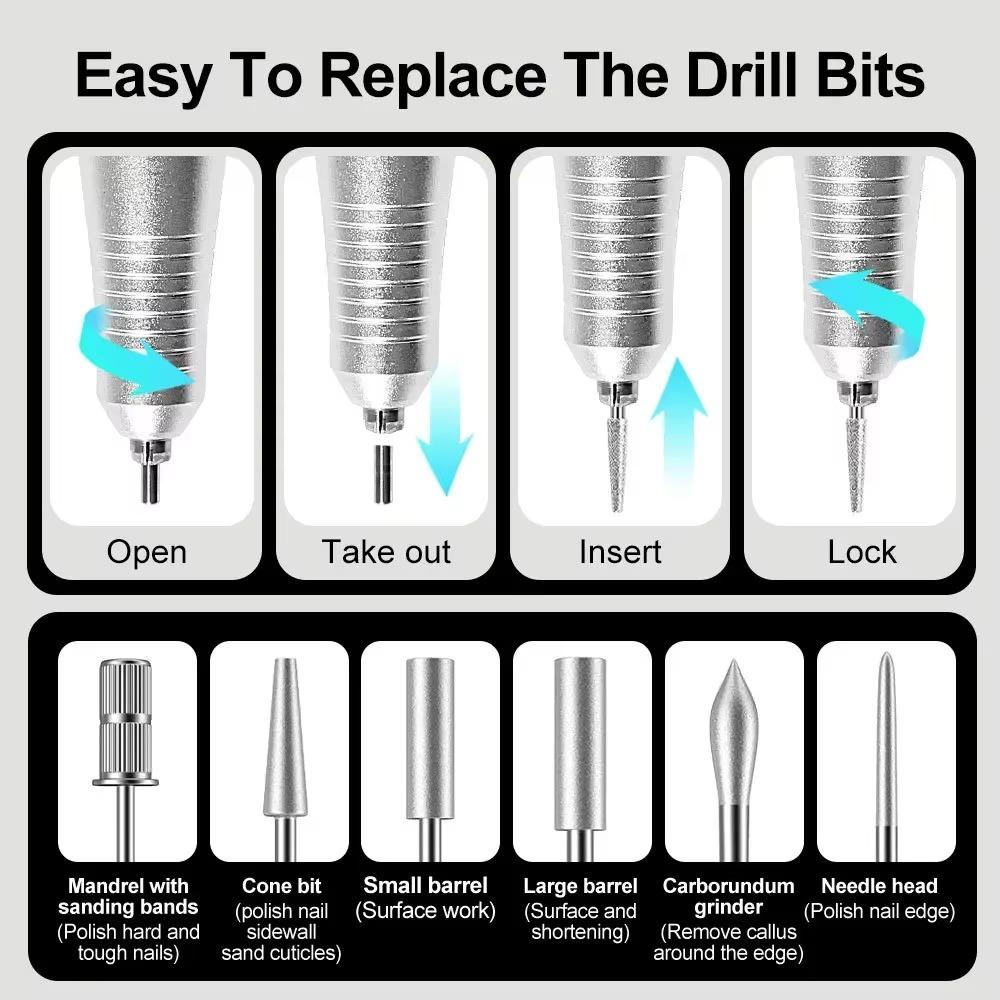 Rechargeable Nail Art Drill 35,000 Rpm - Professional Polisher & Milling Cutter Electric Sander