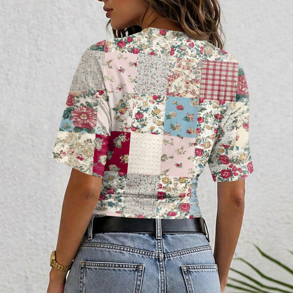 Women Crew Neck Pullover Printed Short Sleeve T Shirt Loose Fit Casual Top Patchwork Pattern Soft Comfortable Material