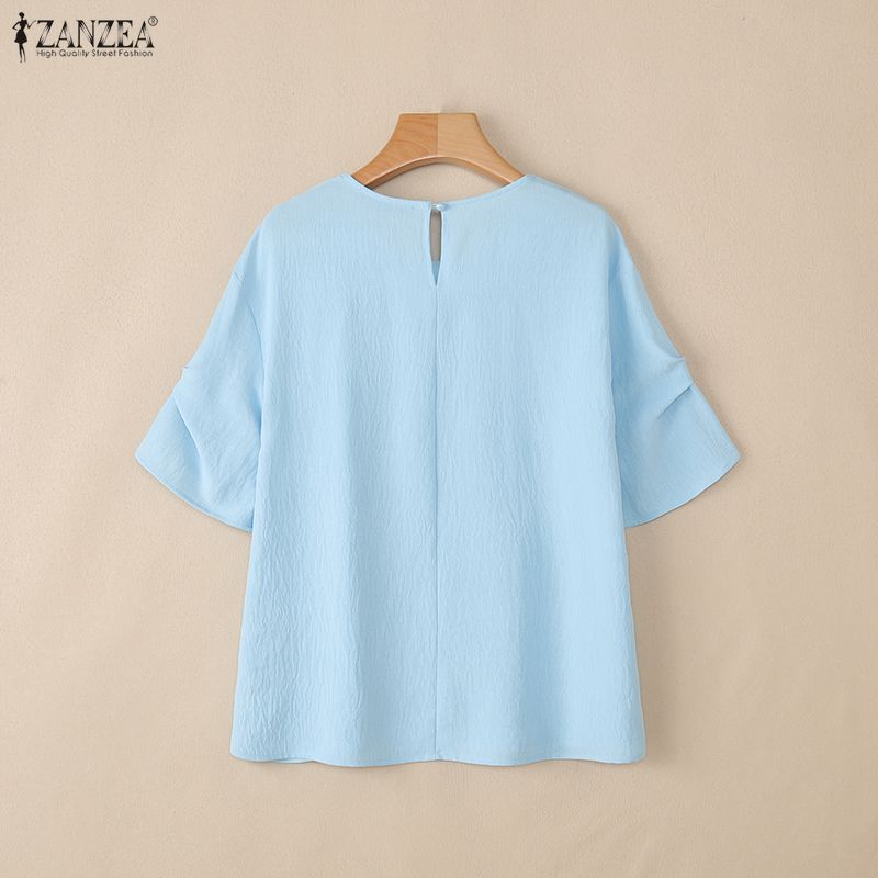 ZANZEA Women Round Neck Solid Color Casual Short Sleeve Blouse