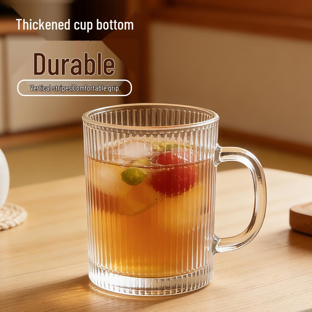 Thick Vertical Stripe Glass Cups with Handles - Set for Coffee, Juice, Water, and Milk