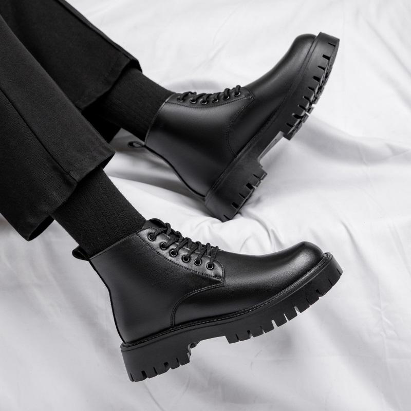 men's casual platform boots black autumn winter shoes cowboy original leather boot party prom dress lace-up ankle botas zapatos