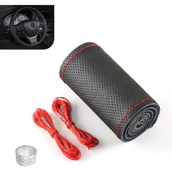 Leather Steering Wheel Cover, 15 Inch Hand Sewing Steering Wheel Wrap, Anti Slip Car Steering Wheel Protector Covers, DIY Sewing with Needle Thread,