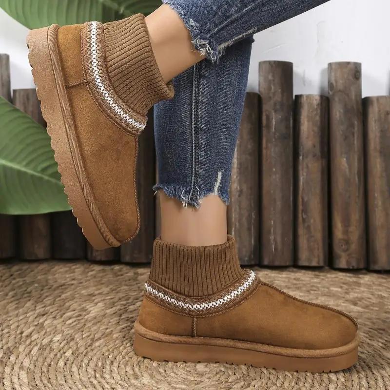 Classic Suede Non Slip Snow Boots Women 2025 Winter Soft Thick Bottom Cotton Ankle Boots Warm Plush Embroidery Decoration Shoes