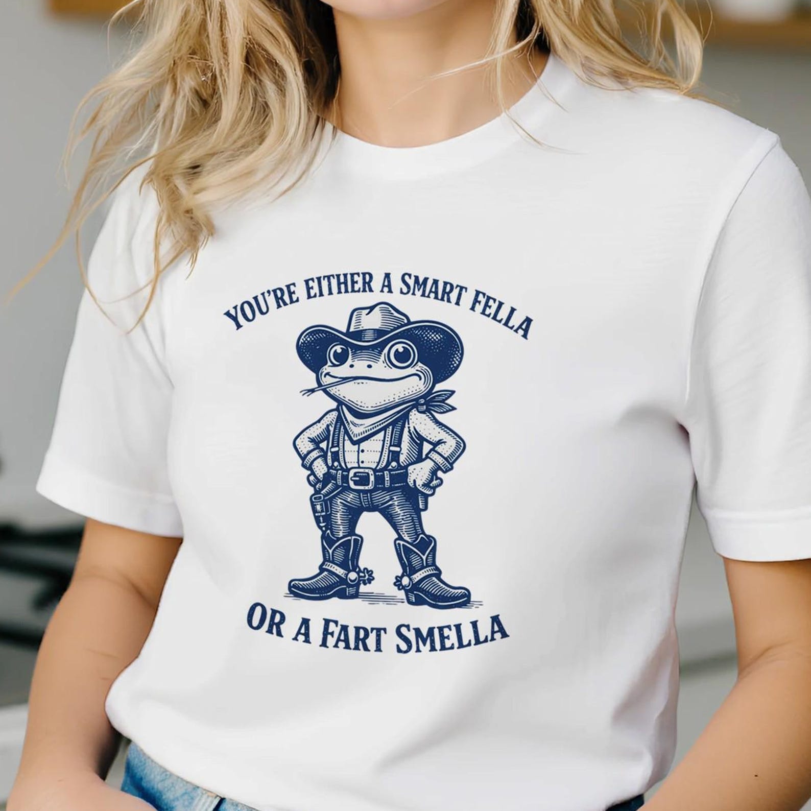 Funny Frog Cowboy Meme Shirt, Smart Fella Fart Smella Tee, Vintage Retro Humor T-Shirt, One Color Western Cartoon Frog Shirt 2XL