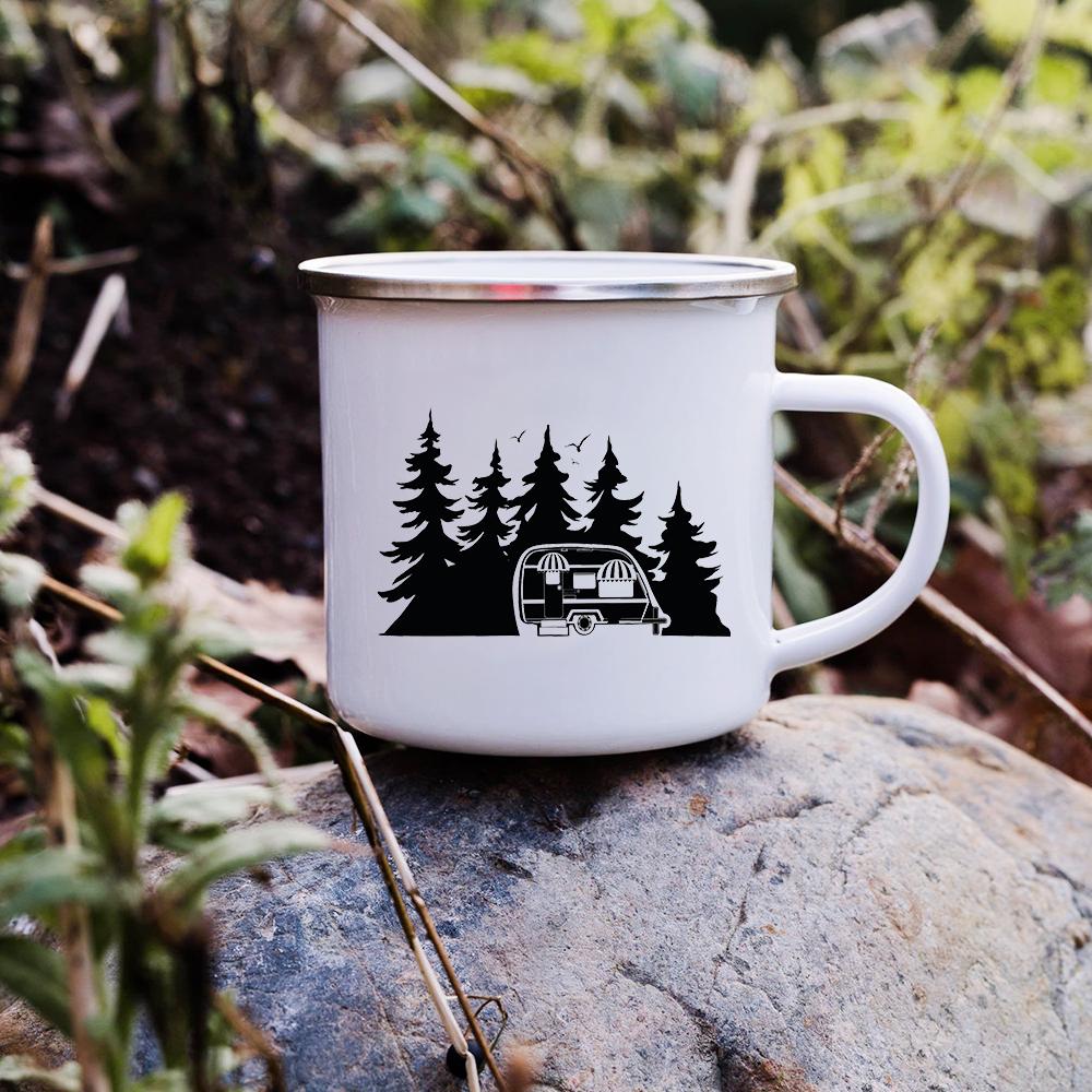 Sunset Forest Creek Creative Enamel Coffee Mugs Outdoor Travel Water Cups Camping Bonfire Party Beer Drink Milk Mug Best Gifts