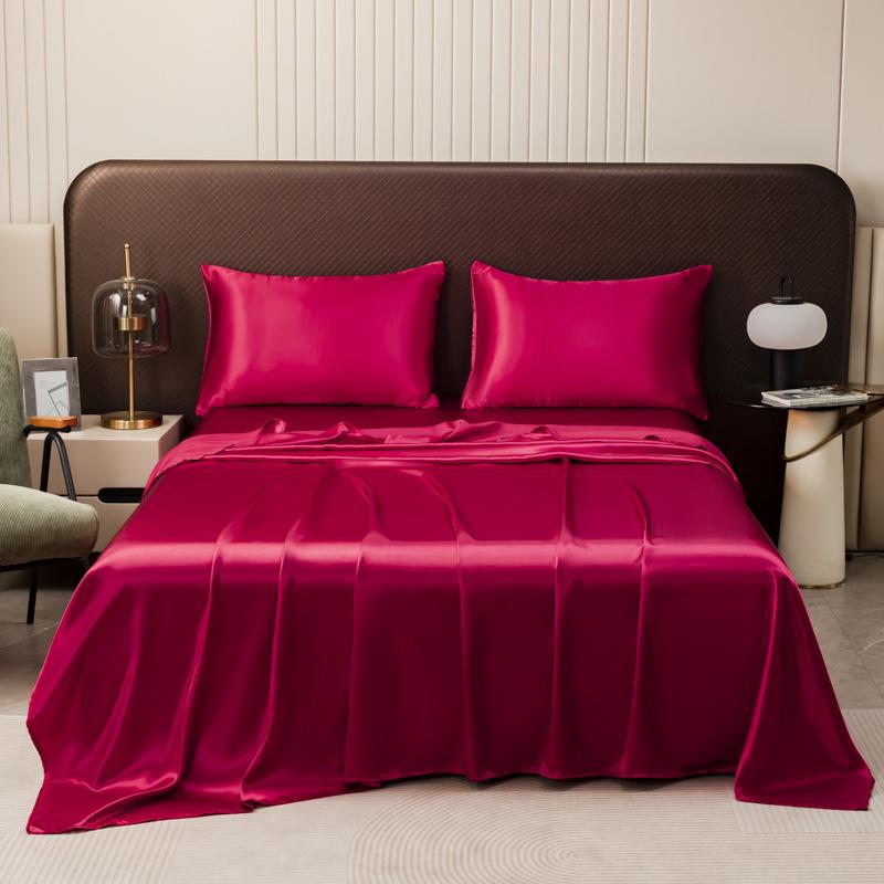 European American Solid Color Satin Three-Piece Bedding Set - Bed Sheet, Fitted Sheet & Pillowcase