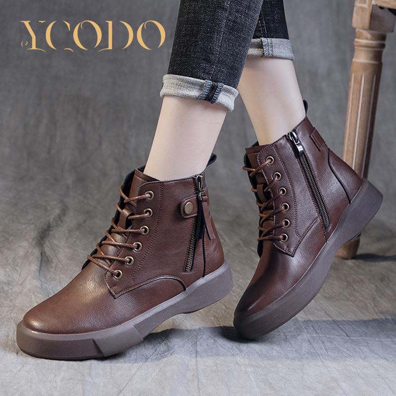 Jesienne i zimowe damskie buty ze skóry naturalnej, dziewczęce skórzane buty studenckie, z aksamitnymi, ciepłymi i wygodnymi antypoślizgowymi botkami