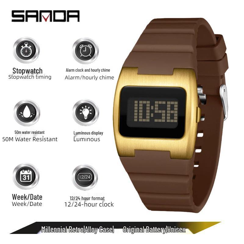 Sanda Retro Y2K Waterproof Square Wristwatch with Alarm - Unisex Multifunctional Design