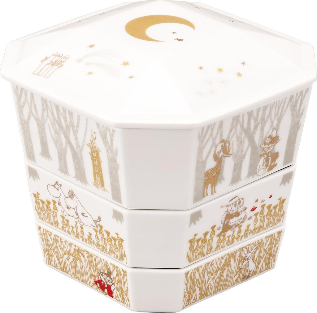 Yamaka Shoten MOOMIN Special Jubako Box with 4 Side Plates Perfect for Cherry Blossom New and First Meal Made In "Sekku Day" 3-Tiered (17x17x16cm)