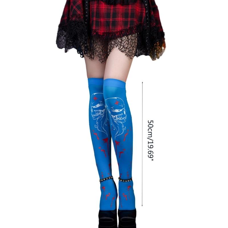Women Thigh High Socks Over the Knee High Stockings Japanese Skeleton Skull Print Long Socks Thin Halloween Stockings