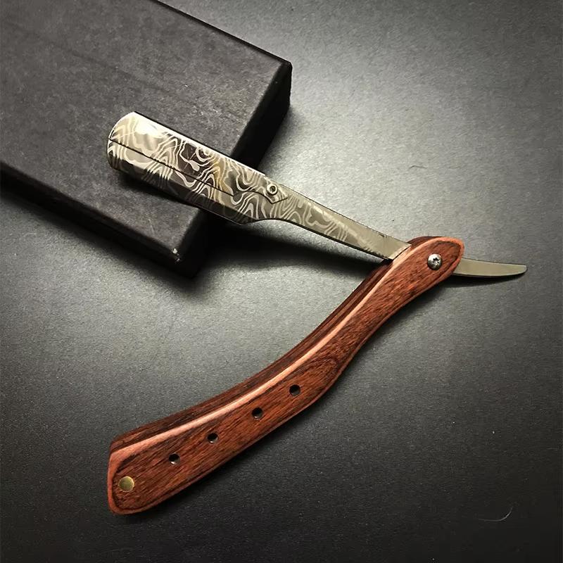 1 ks Dřevěný Profesionální Ruční Holicí Strojek Rovná Čepel Nerezová Ocel Ostrá Holičská Žiletka Skládací Holicí Břitva na Vousy