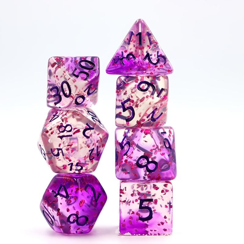 7 Pcs Dice and A Deck of Playing Cards Set, Transparent Purple Flash Point Multi-faceted Dice, Rosy Red Plastic Waterproof Game Poker