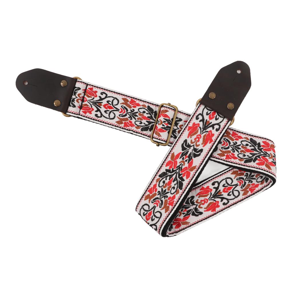 Guitar Strap Leather Head for Acoustic Electric Embroidered Jacquard Vintage Floral PatternWhite