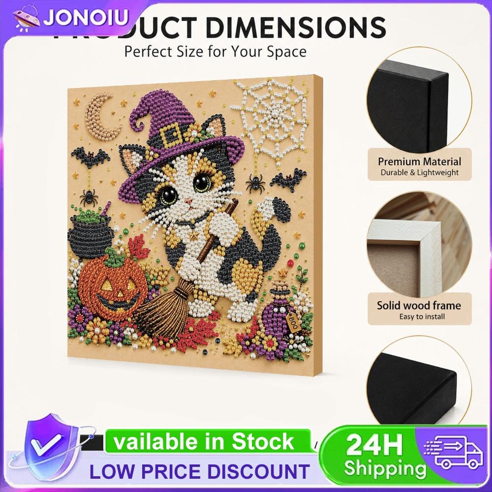 Full Drill Pearl Painting Kit with Frame 20x20cm Halloween Animal DIY Bead Art 3D Sparkling Wall Decor