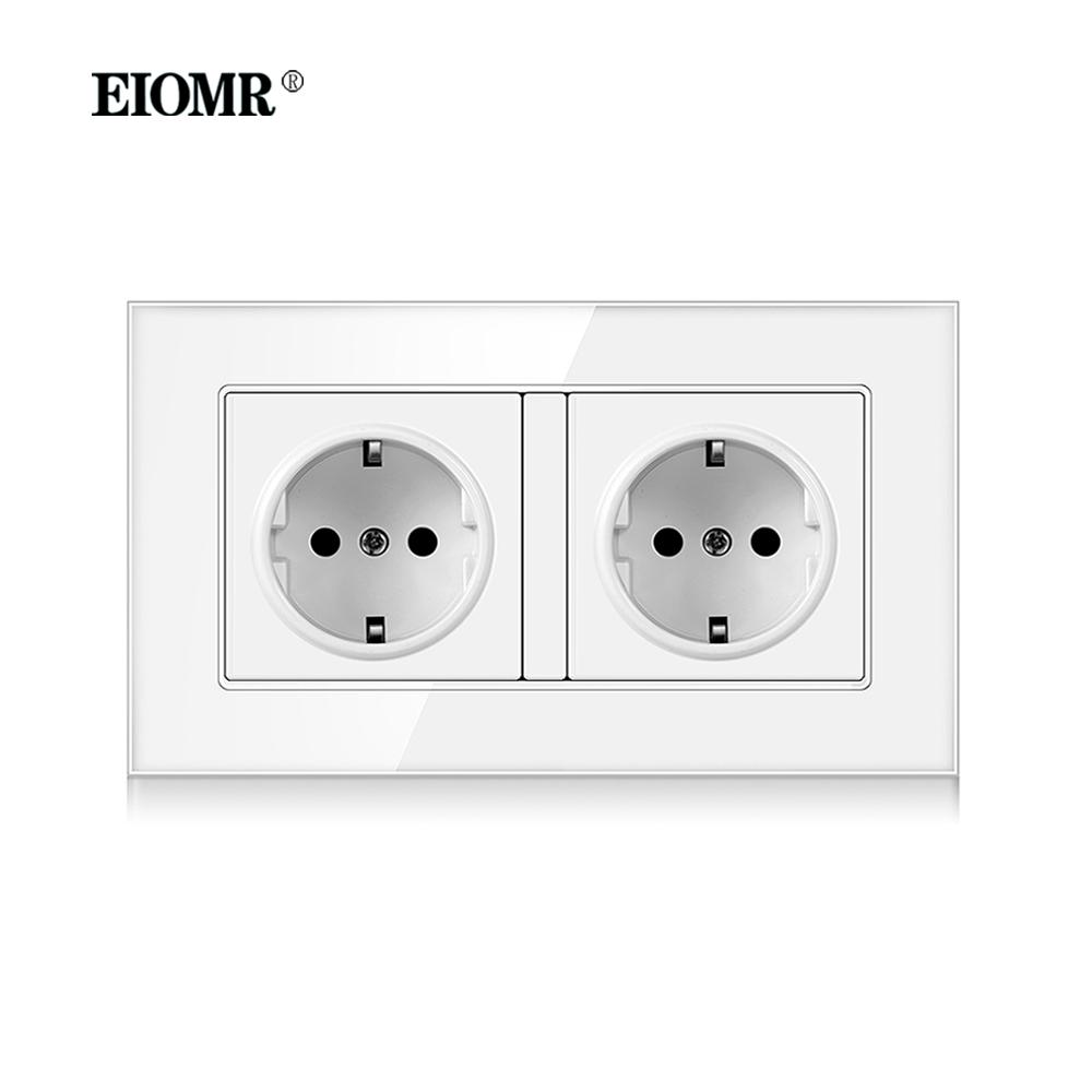 EIOMR EU Standard 16A Tempered Crystal Glass Panel Wall Socket Power Outlet Electrical Plug with Usb 5V 2100mA Ac110-250V White