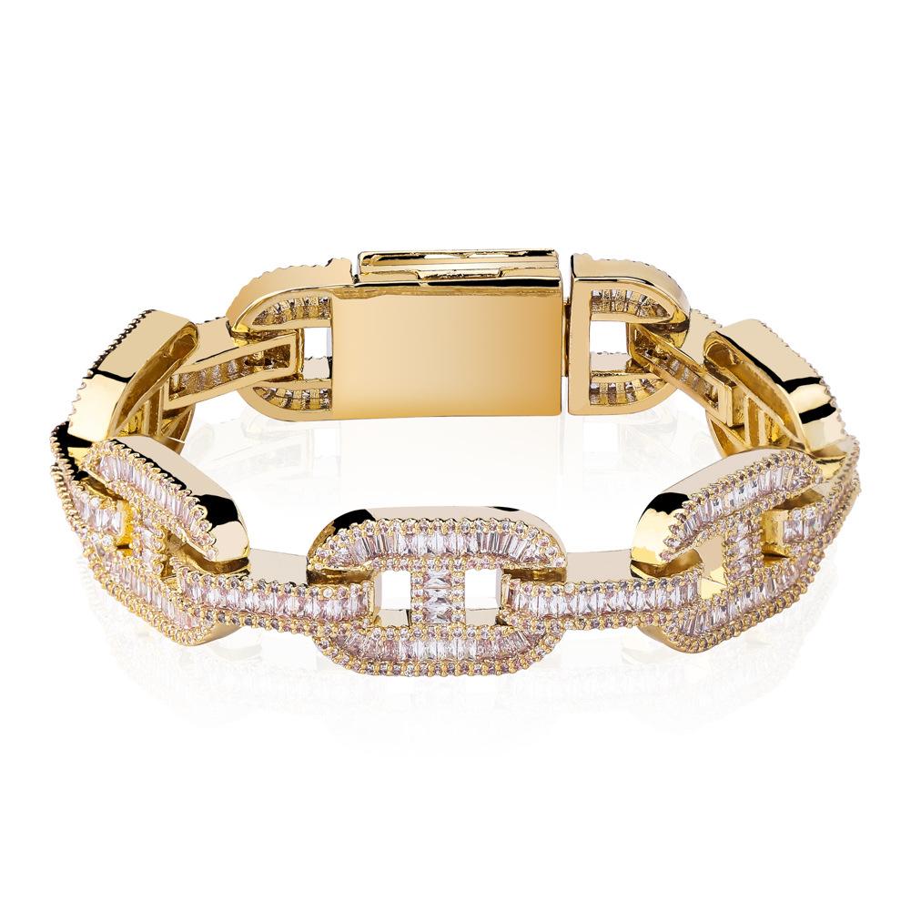 New Miami 14mm Baguette Zirconia Cuban Link Bracelet Rose Gold Silver Plated Iced Out Baguette Zircon Mens Hip Hop Charm Jewelry 7-7.5inch(17.78-19.05cm) золотой