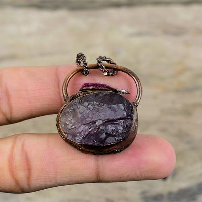 Ciondolo in pietra preziosa grezza di ametista africana, ciondolo in rame elettroformato, ciondolo in tormalina rosa grezza, gioielli elettroformati, pendenti fatti a mano
