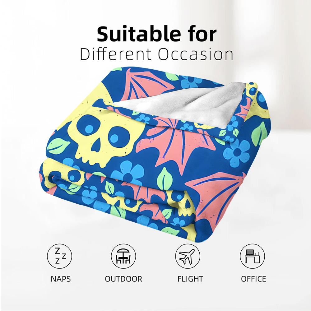Floral Skull Bat Blue Cartoon Anime Print Flannel Blanket Soft Warm Throw for Kids Bedroom Sofa Christmas Office Car