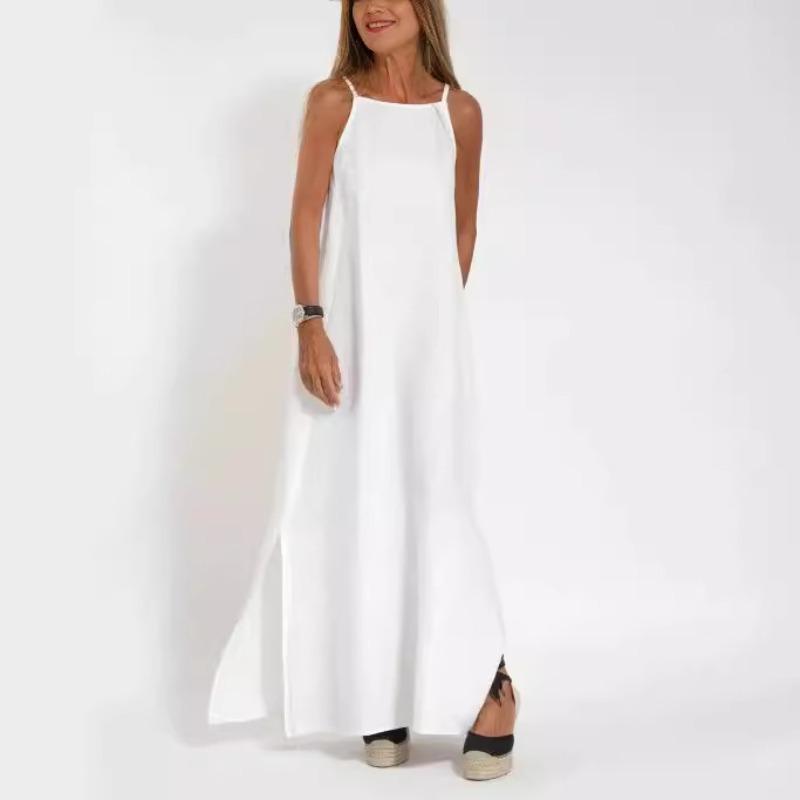 Modisches, lässiges Neckholderkleid aus Baumwolle und Leinen mit Schlitz