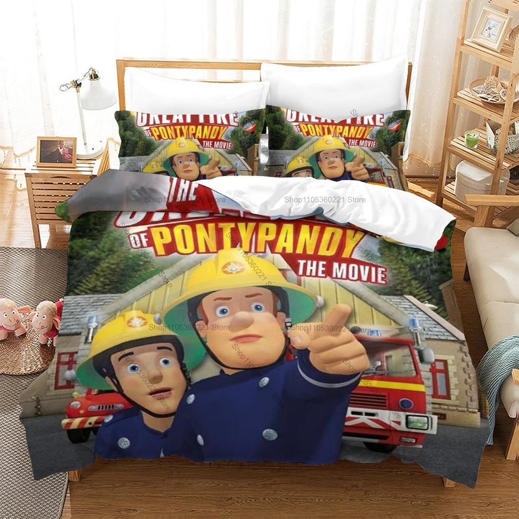 Cute Fireman Sam Rescue Cartoon Fire Engine HD Print Bedding Set Duvet Cover + 2 Pillowcases Polyester Boys/Girls Room Decor