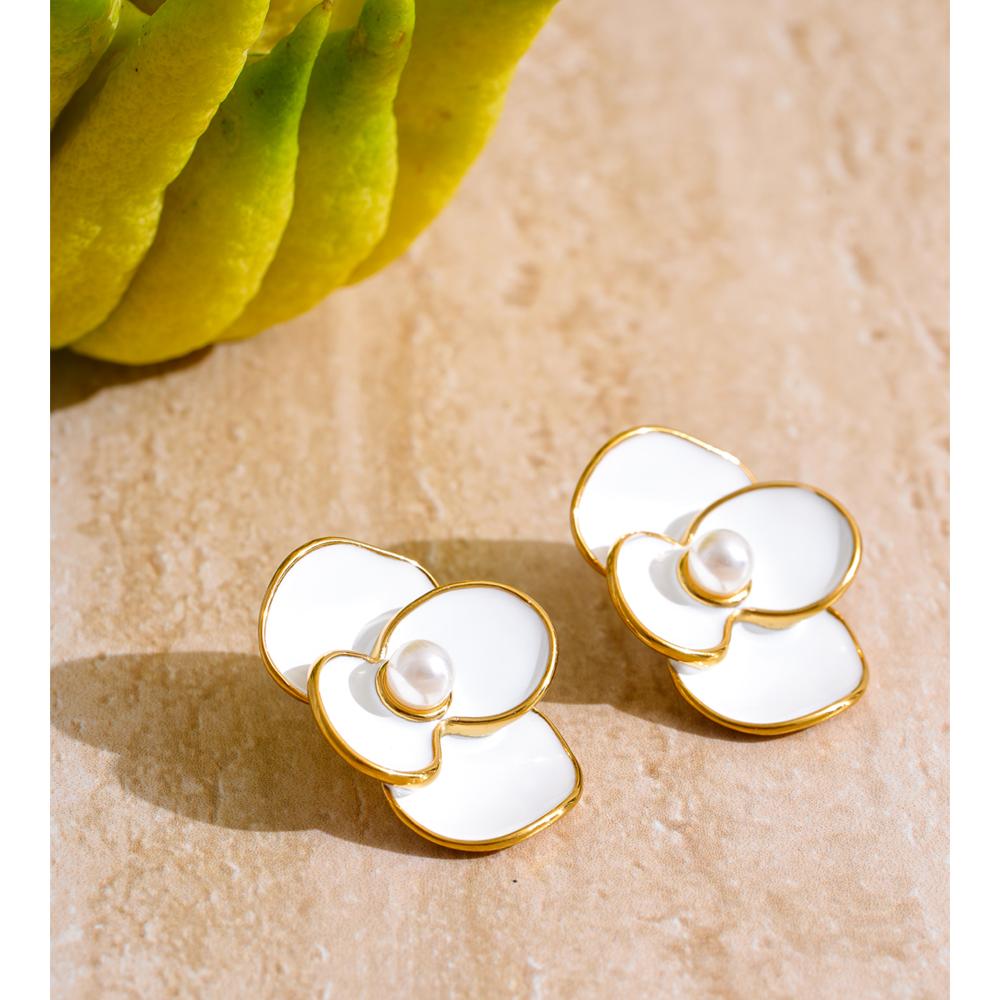 Eetit White Enamel Pearls Flower Stud Earrings for Women Golden Stainless Steel Daily Fashion Jewelry Recommend Gift