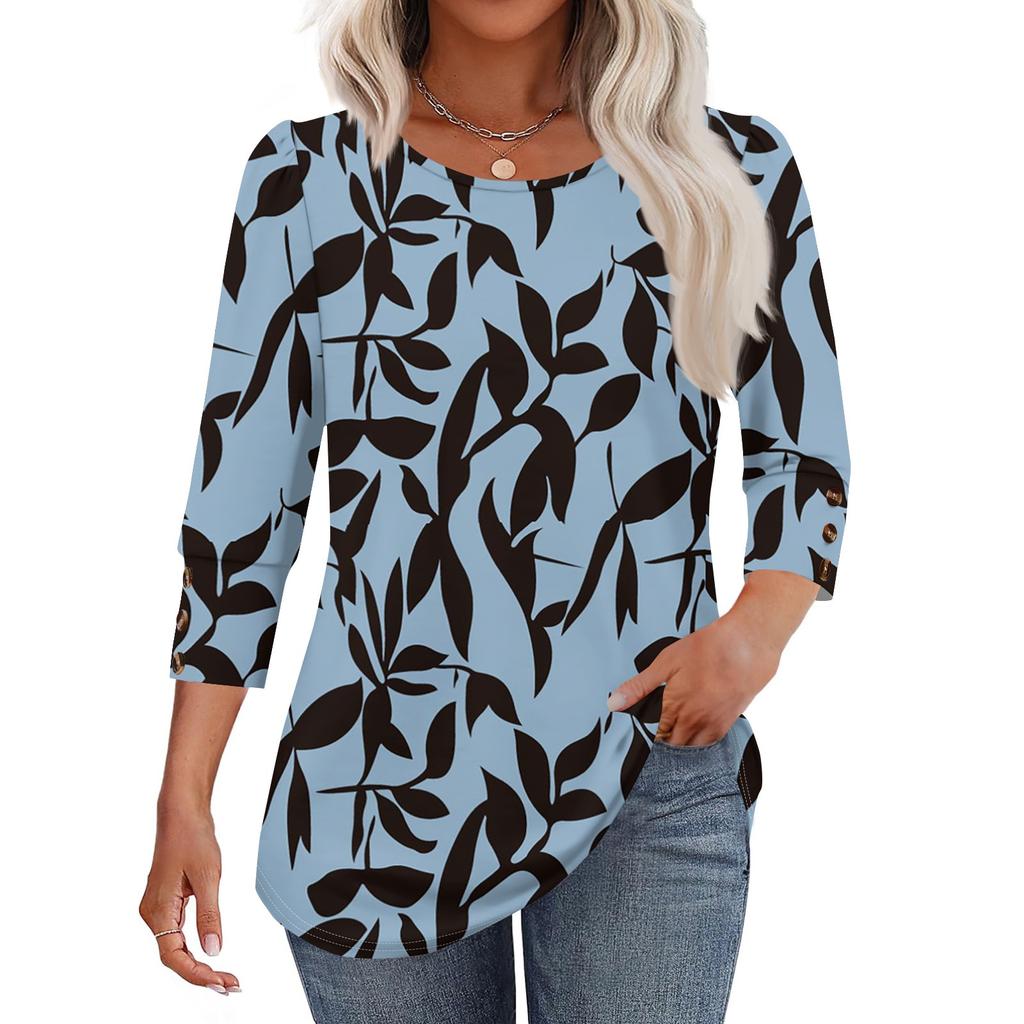 Women's Fashion Casual Vintage Floral Print Round Neck Sevenfold Sleeve T-shirt Top