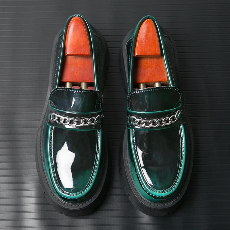Spring Thick Sole Leather Shoes Metal Chain Loafers Round Head High Quality Slip-ons Business Formal Shoes Male Casual Moccasins