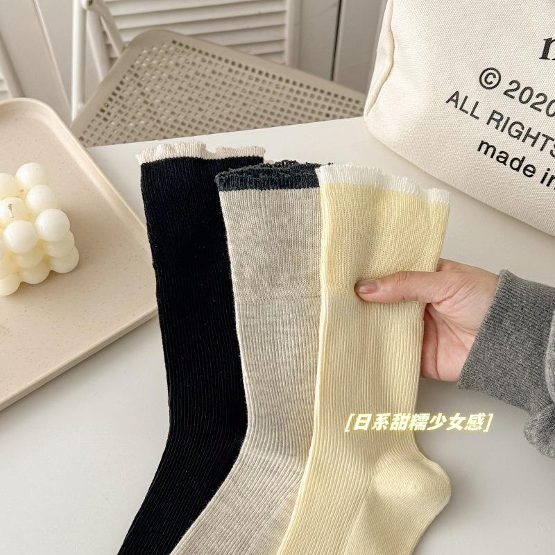 Spring and Summer Thin Lace Pile Socks, Color-blocking Mid-calf Socks, Versatile Flanged Socks, Women's Cotton Socks