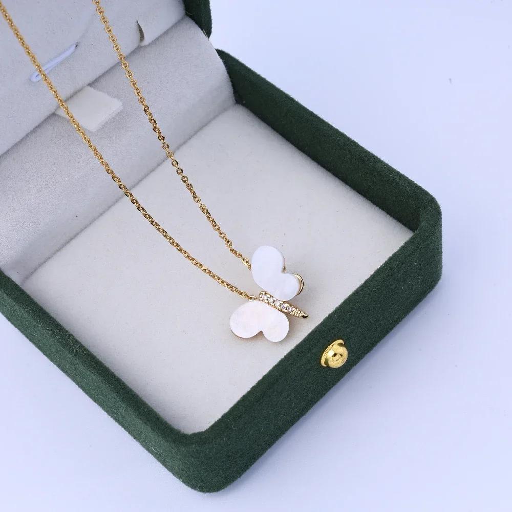 Xiaohongshu Popular Zircon Shell Butterfly Titanium Steel Necklace for Women, Fashionable Temperament, Trendy Collarbone Chain,