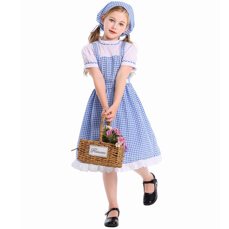 Blue Plaid Halloween Cosplay Costume for Kids with Headscarf & Skirt