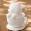 yangyizhi 3D Printed Cute Cat Teacup Figurine, Mini Animal Statue Healing Decor Ornament, Smooth White Desktop Sculpture with Integrated Stable Base,