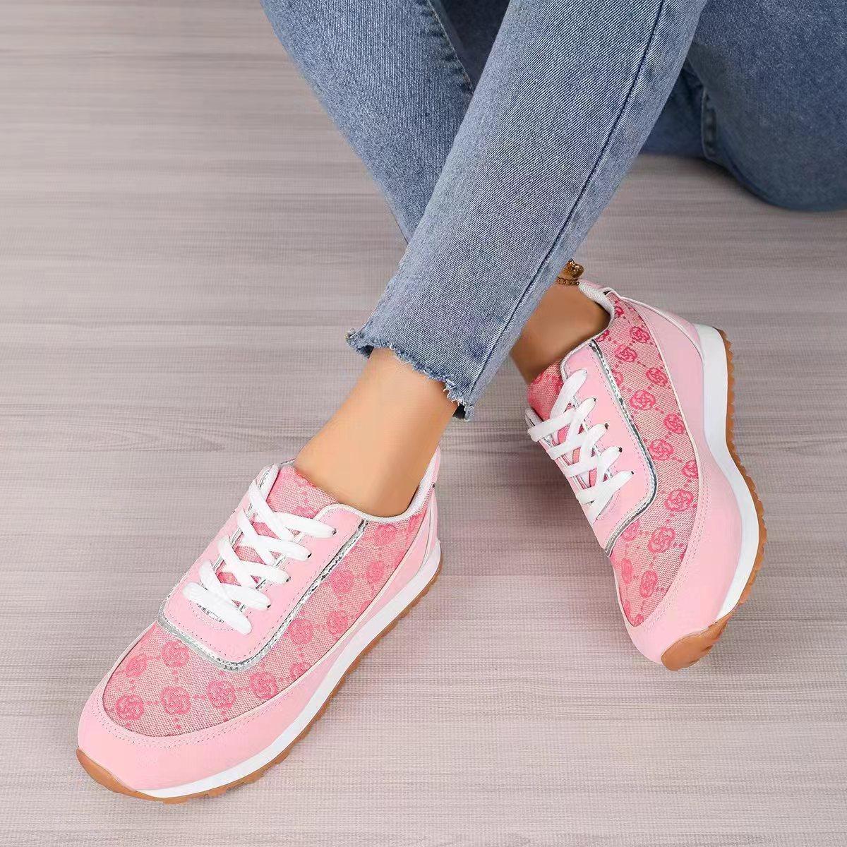 

Hiking Shoes Women S Large Size Flower Lace-Up Color Matching Breathable Women S Casual Sports Shoes 37 рожевий