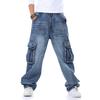 Japan Style Brand Mens Straight Denim Cargo Pants Biker Jeans Men Baggy Loose Blue Jeans With Side Pockets Jeans Men