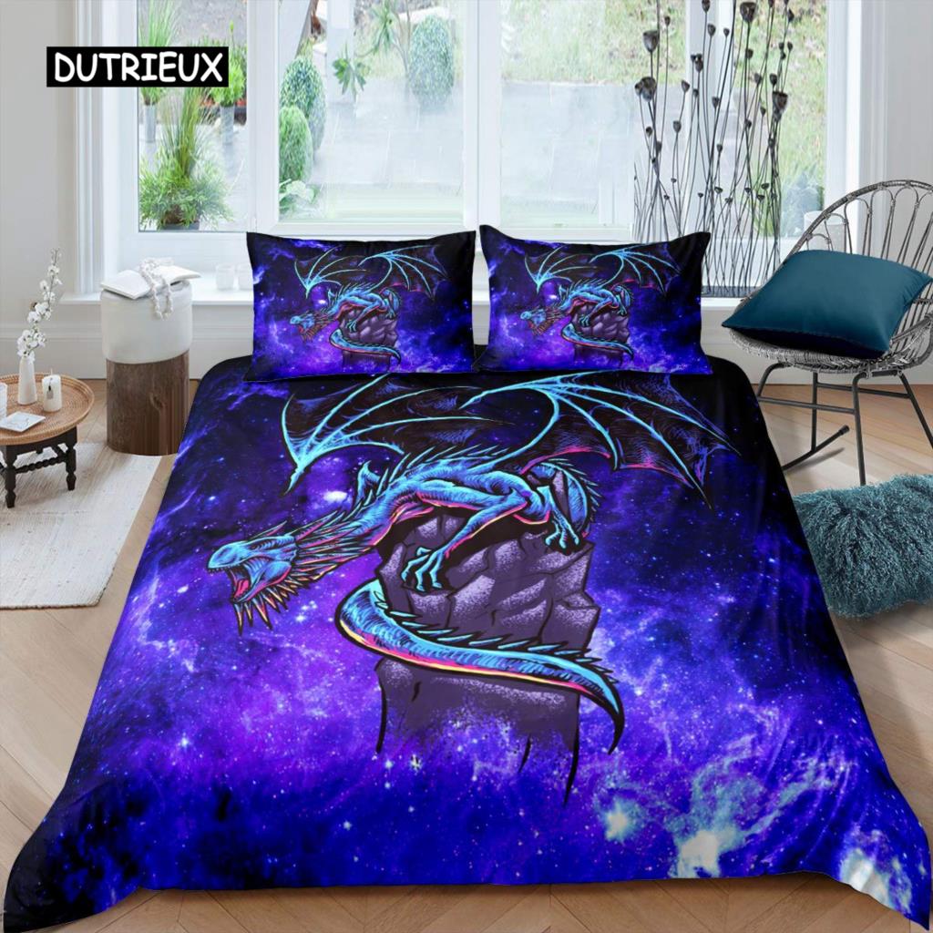 Fire Dragon Duvet Cover Set Magical Dinosaur Bedding Set Jungle Animals Pattern Wildlife Style King Size Polyester Quilt Cover
