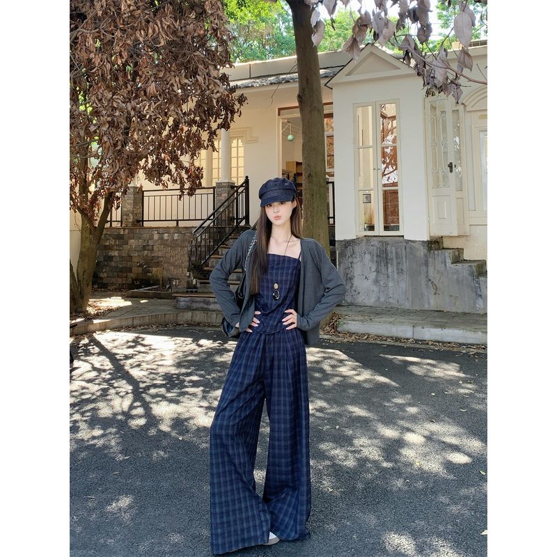 Kumikumi Pure Desire Style Temperament Long Sleeve Cardigan Underwear Spaghetti-Strap Slip Women's Autumn Lattice Loose Pants Three-Piece Set