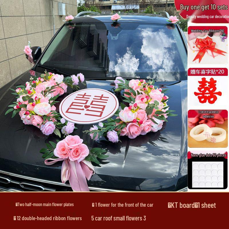 Kompletna dekoracja samochodu ślubnego: Kwiat na głowę, Kwiaty na klamki i Kwiaty na samochód główny/pomocniczy